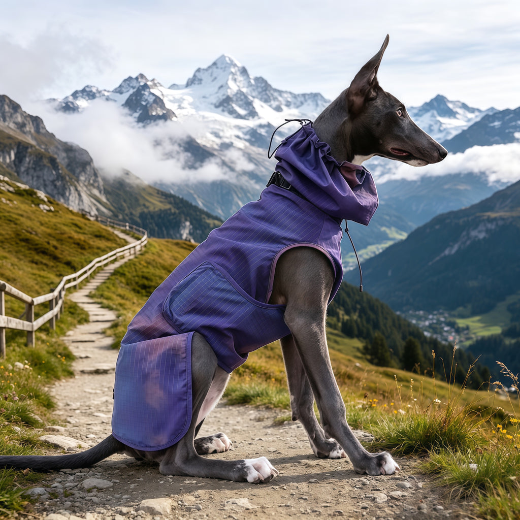 Muttu Windproof Sighthound Jacket - Side View Italian Greyhound in Mountain Setting