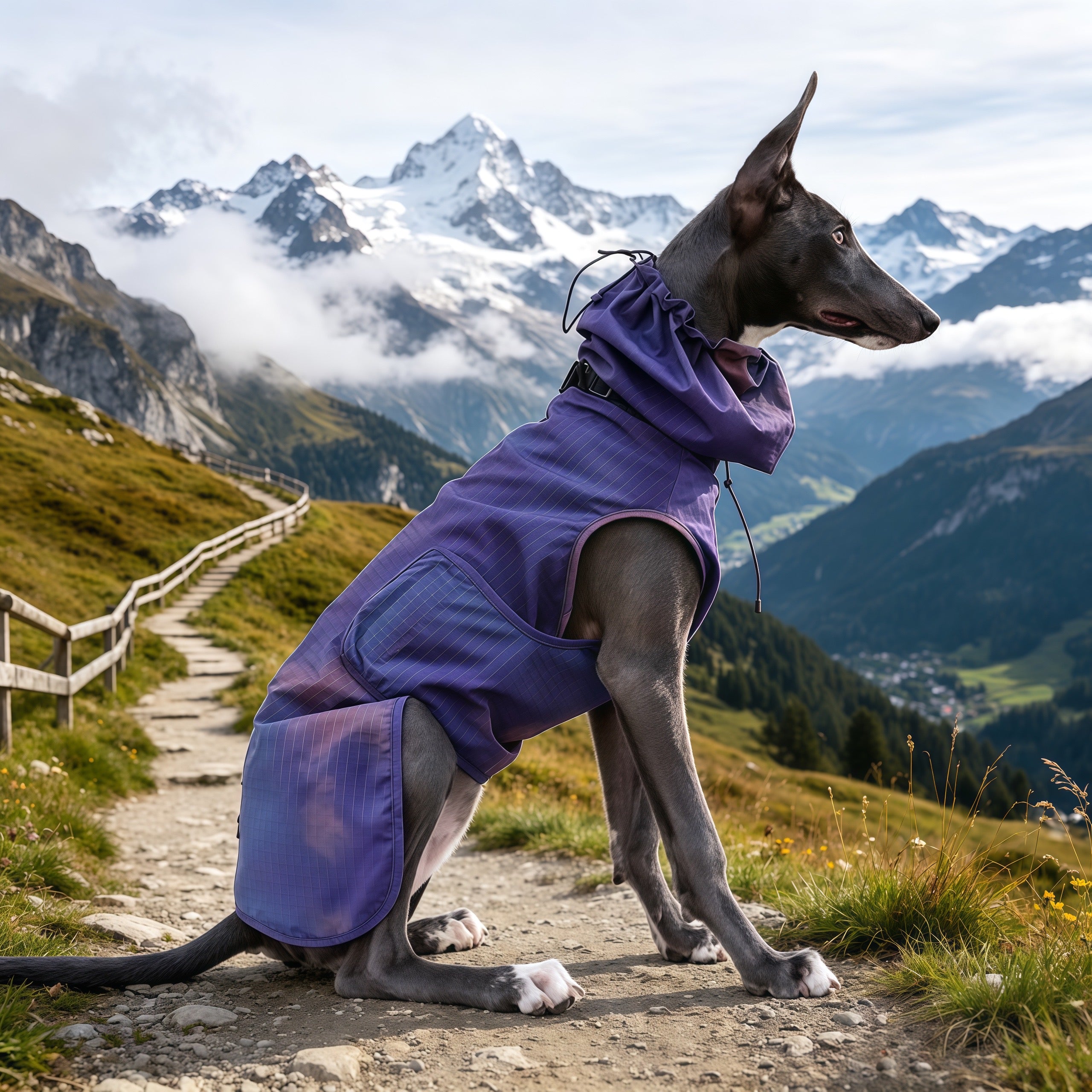 Muttu Windproof Sighthound Jacket - Side View Italian Greyhound in Mountain Setting