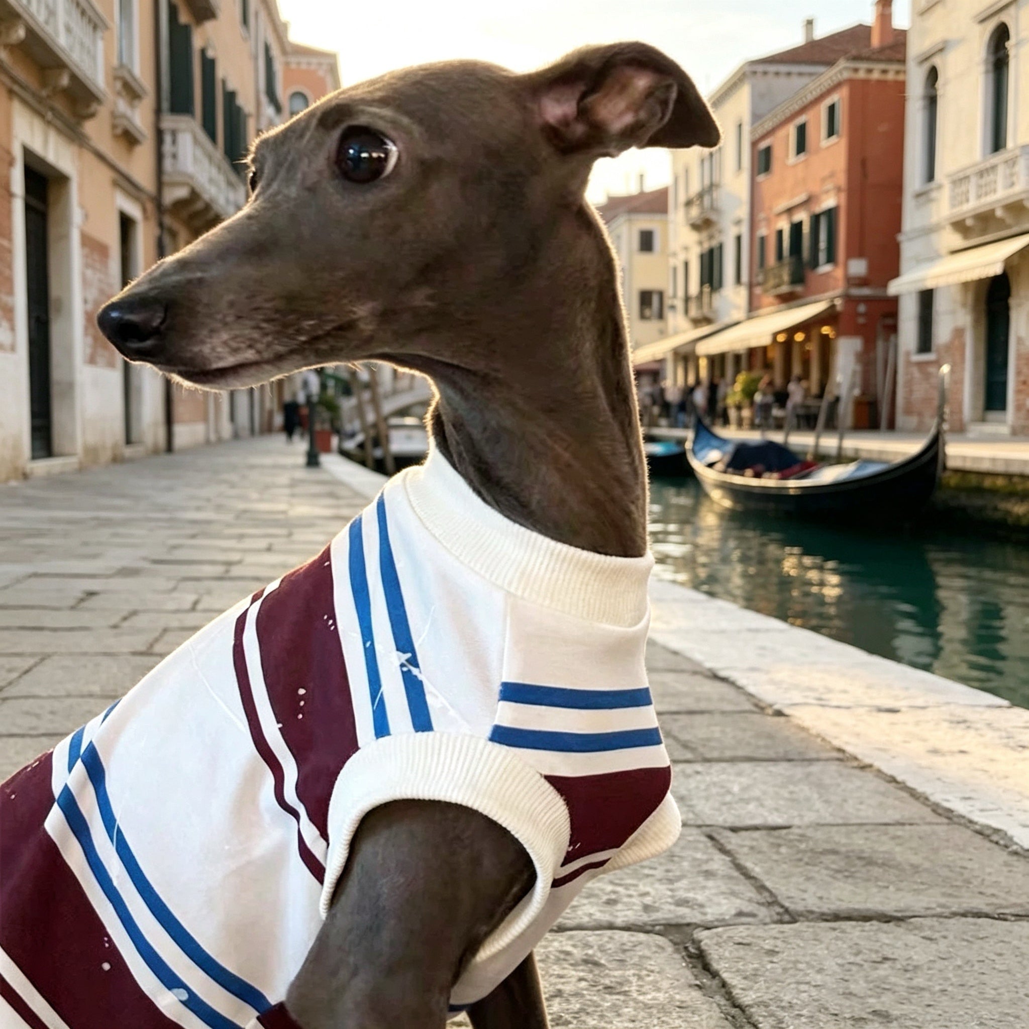 Muttu Striped Pet Dog Sweater - Dog Wearing Striped Sweater Side View