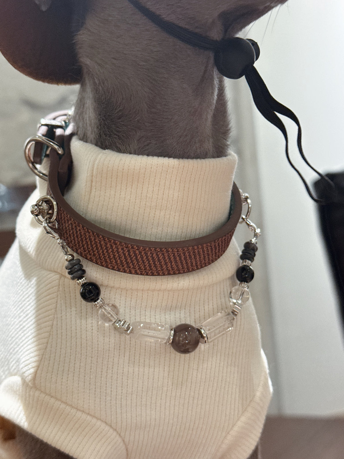 wearing retro glasses and hat styling the Onyx dog collar with detachable gemstone necklace chain