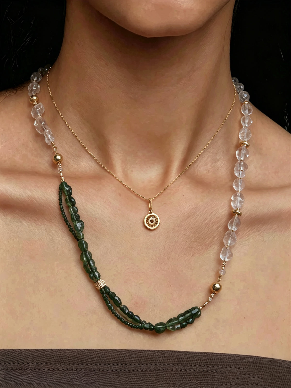 Forest Veil 2-in-1 Magnetic Crystal Necklace layered styling - green jade beads with clear crystal and gold coin pendant