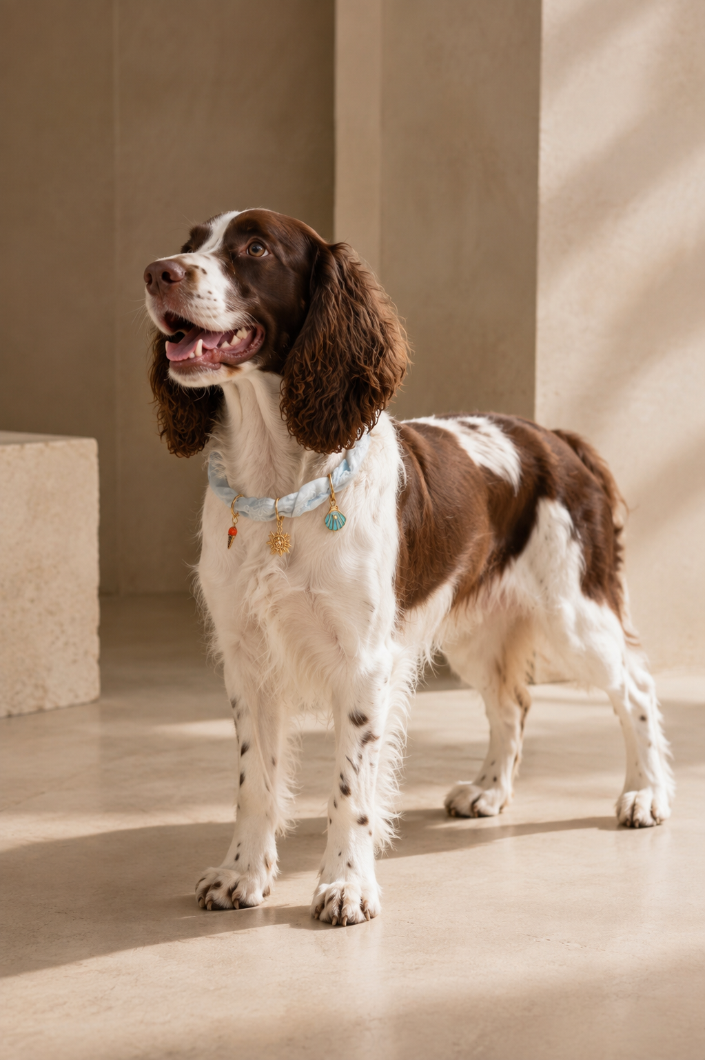 A beautiful spaniel dog standing in a minimalist room, modeling a light blue luxury Muttu collar with gold charms.