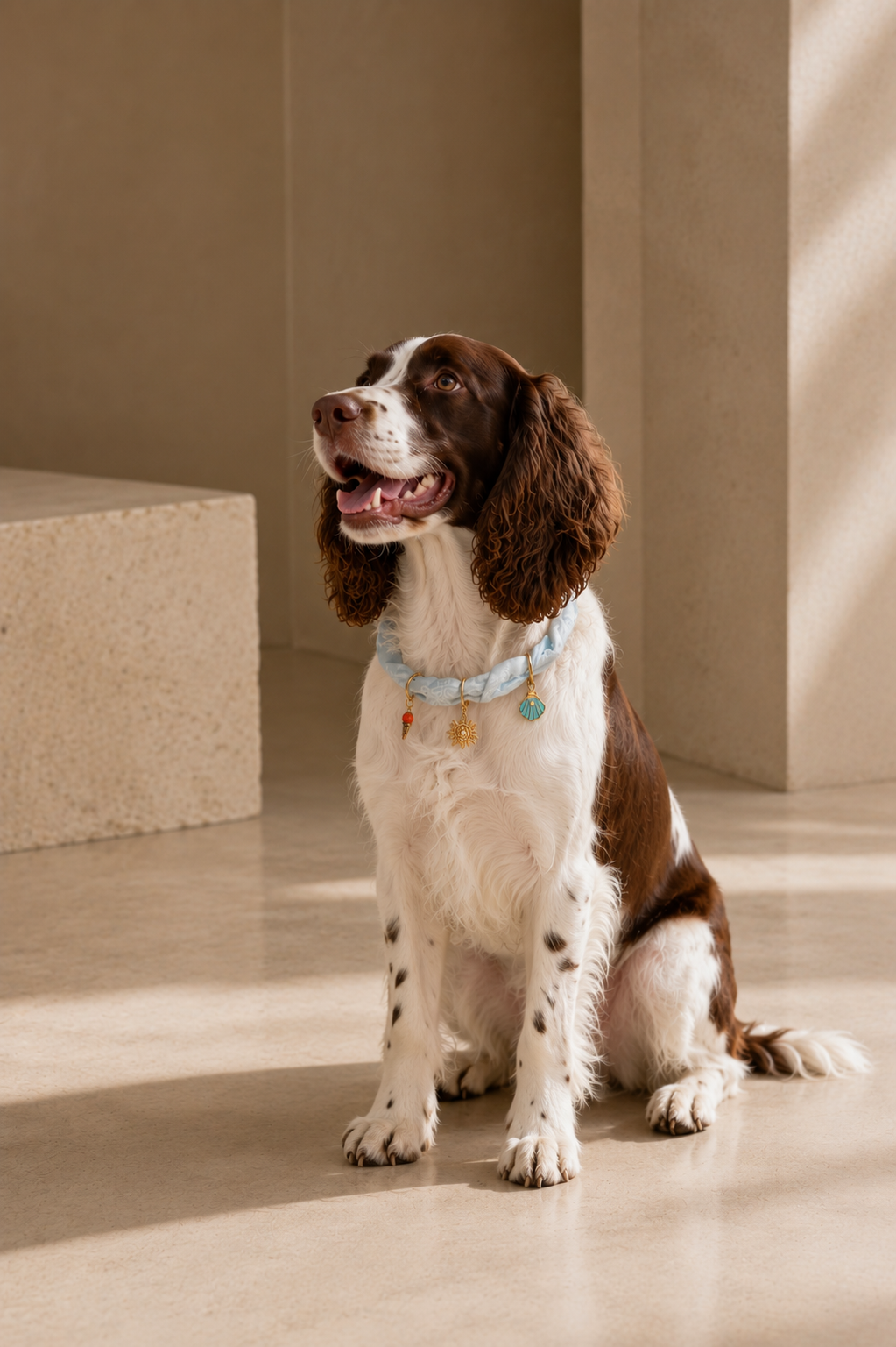  A brown and white spaniel dog sitting elegantly in a sunlit room, wearing a light blue premium Muttu pet collar.