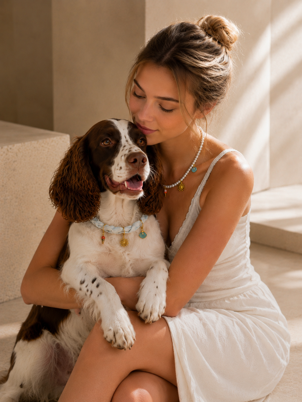 A woman in a white dress lovingly kissing her spaniel dog's forehead. Both are wearing matching light blue Muttu jewelry from The Matching Bond collection.