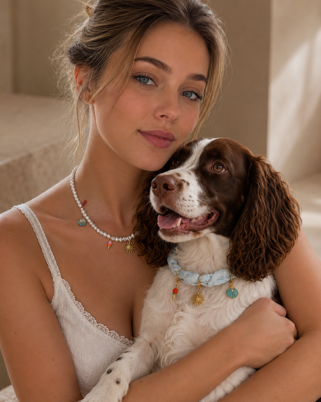 A smiling woman holding her spaniel dog. The dog is wearing a premium light blue Muttu collar with dangling charms, complementing the owner's matching necklace.