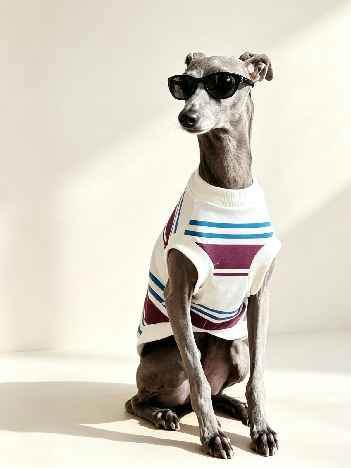 Striped dog sweater in grey and red with ribbed collar