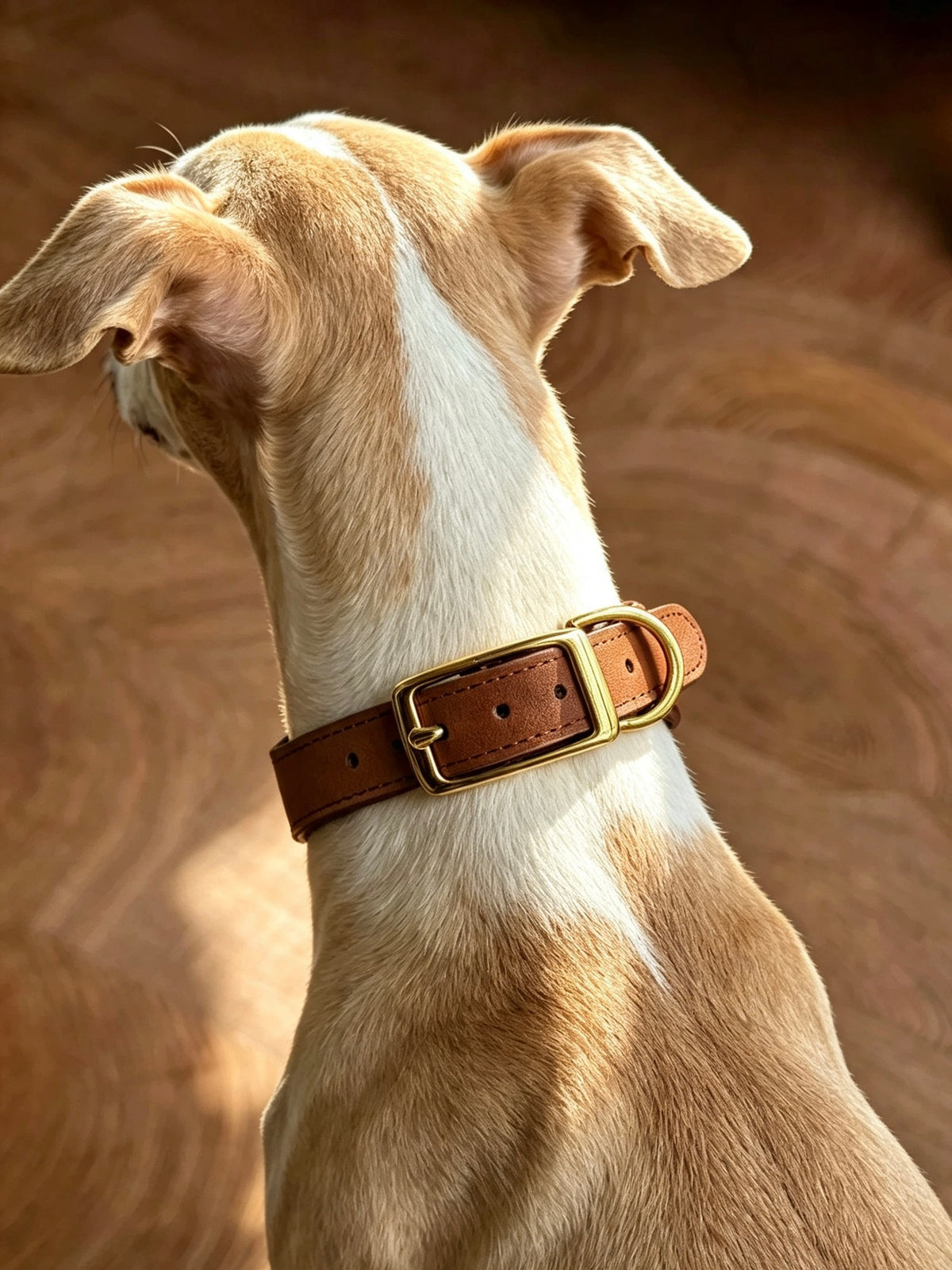 Muttu Faux Leather Pet Collar – brown collar on greyhound dog with Muttu heart charm pendant, side profile lifestyle shot. Collar only, pendant sold separately.