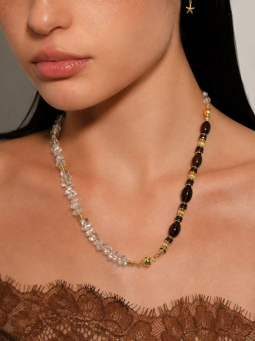  Clear Dusk 2-in-1 Magnetic Crystal Necklace gift set - clear quartz chip necklace with smoky quartz bracelet in white box