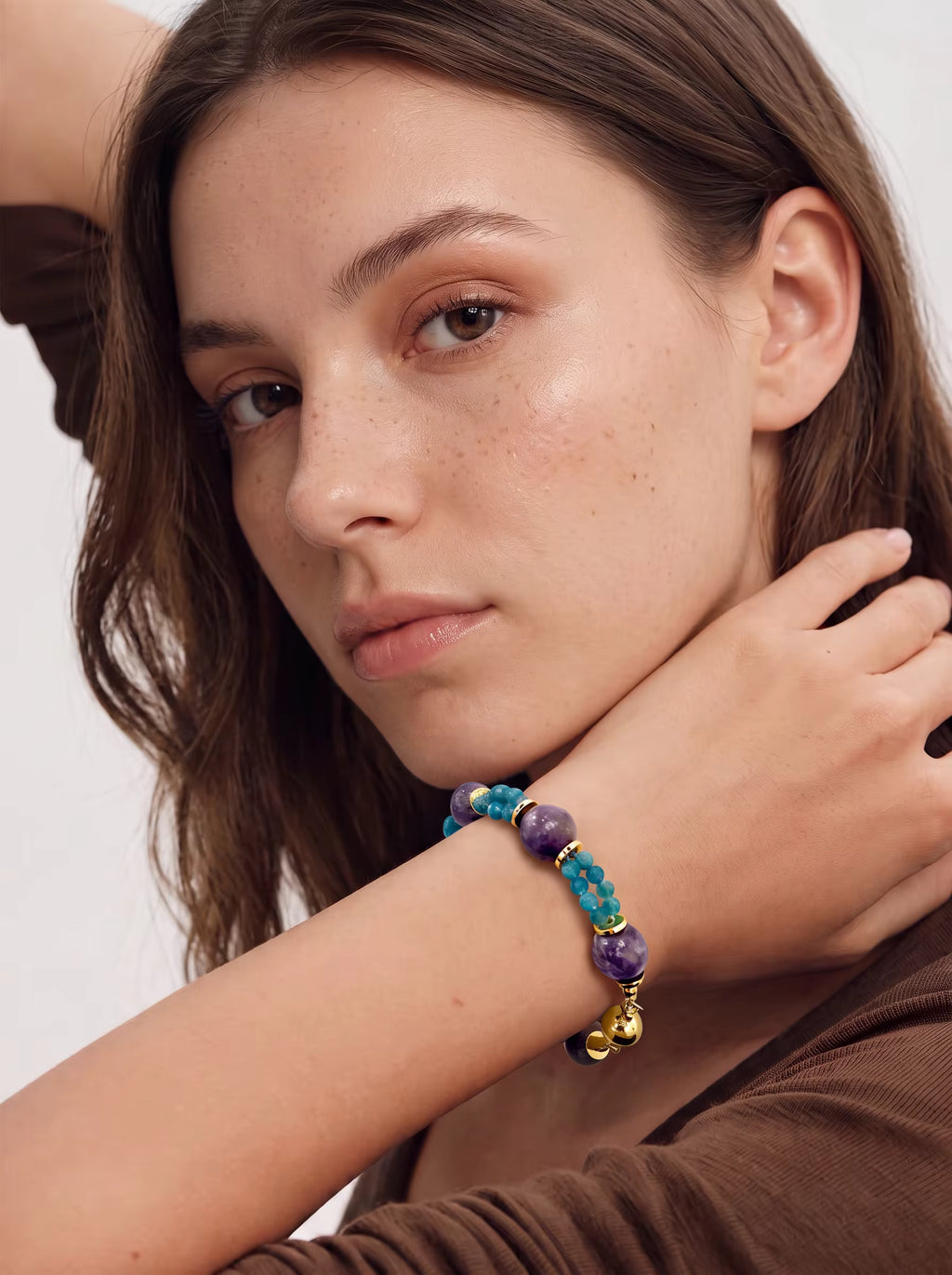 Violet Galaxy 2-in-1 Magnetic Crystal Necklace – Muttu brand lifestyle campaign image featuring blue and purple crystal necklace editorial styling