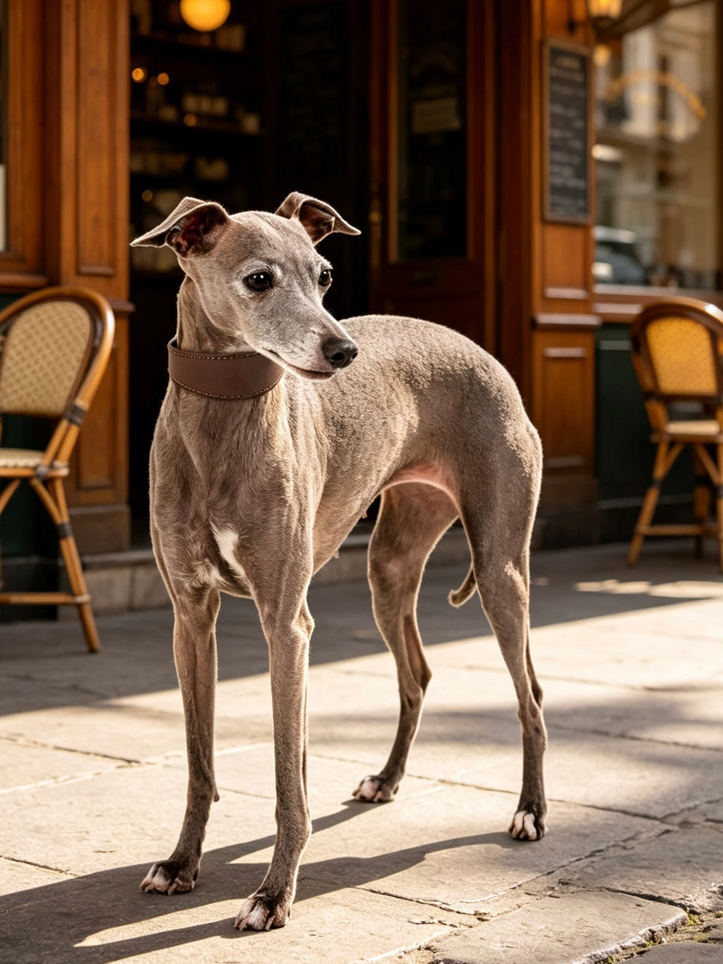 真皮狗狗项圈，棕色皮质项圈带，圆孔调节与金属扣件细节清晰