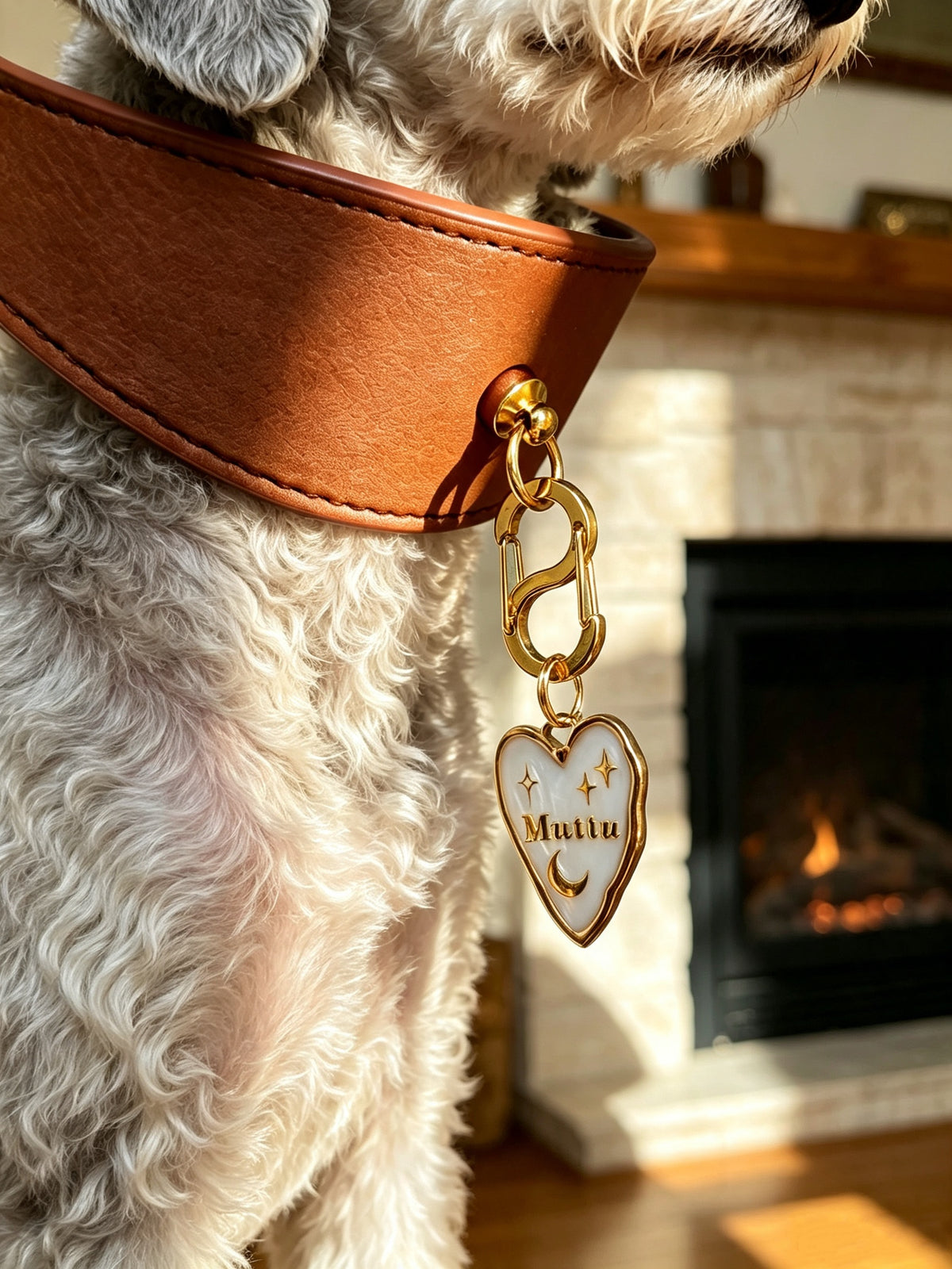 Muttu Faux Leather Pet Collar – brown collar with customizable Muttu heart charm pendant flat lay on white background, personalize with your pet's name or owner's name. 