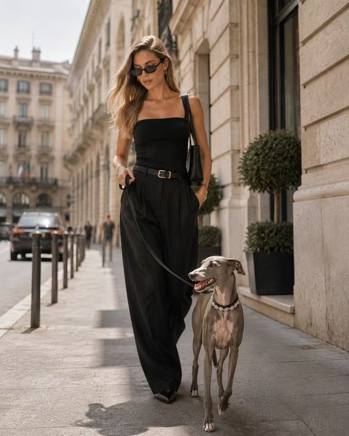 Elegant woman in black outfit walking a grey Weimaraner dog wearing a Muttu crystal charm collar on a Parisian street, luxury pet lifestyle editorial – Muttu