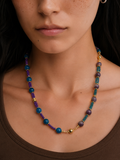 Violet Galaxy 2-in-1 Magnetic Crystal Necklace – model wearing blue apatite and lepidolite beaded necklace with gold magnetic clasp, close-up neck shot on dark background