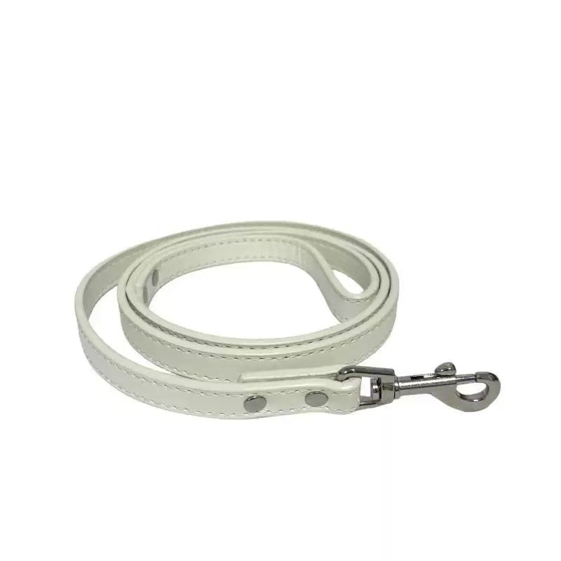 Matching white leather pet leash with stainless steel snap hook, 1.5 cm wide and 120 cm long – Muttu