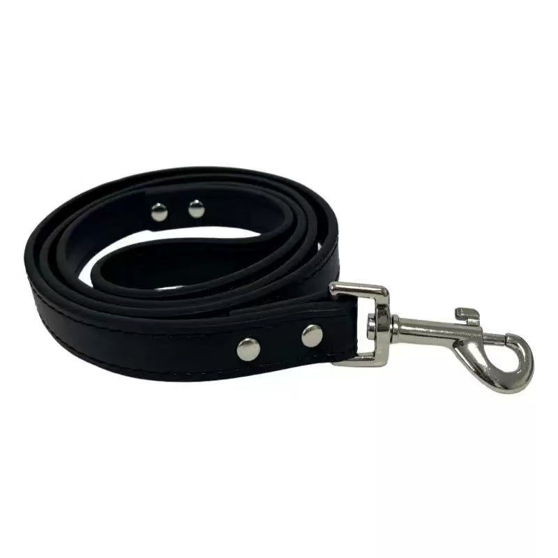 Matching black leather pet leash with stainless steel snap hook, 1.5 cm wide and 120 cm long – Muttu
