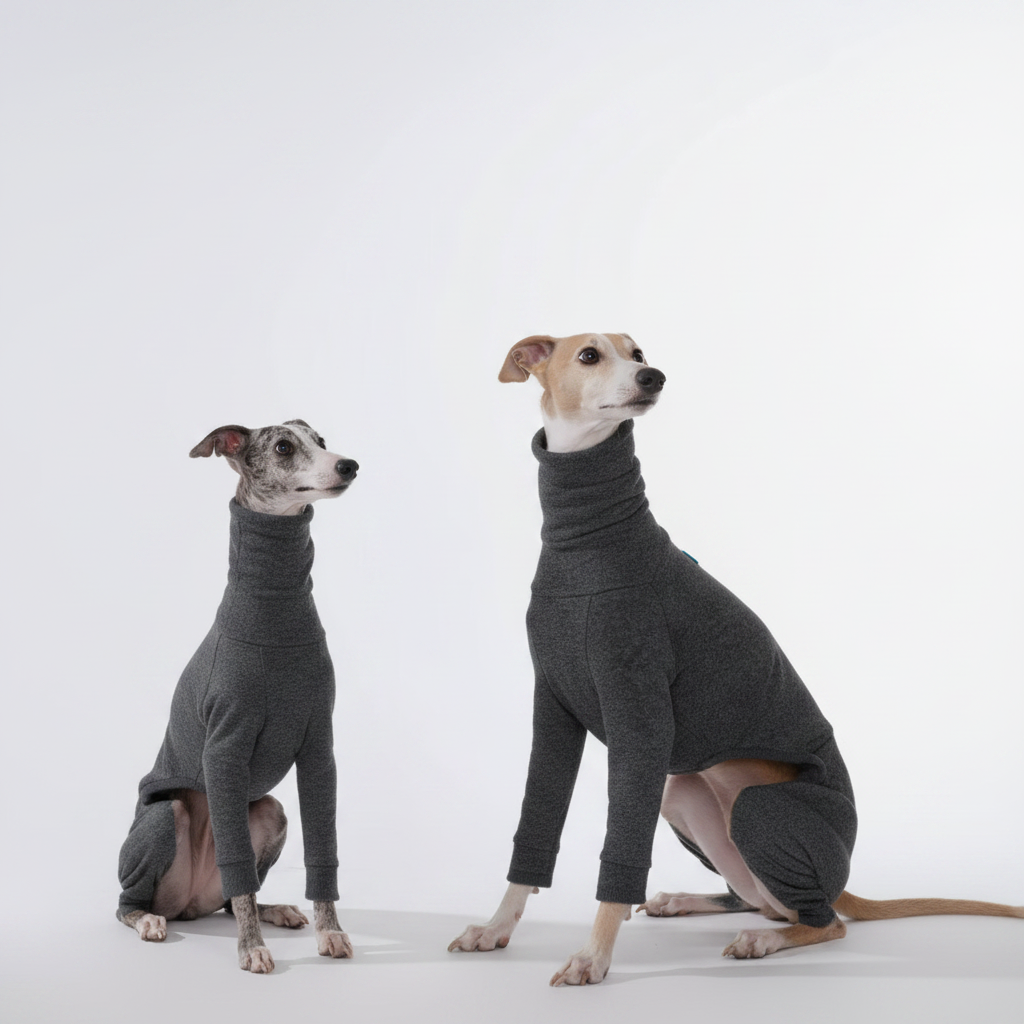 Two dogs wearing gray sweater